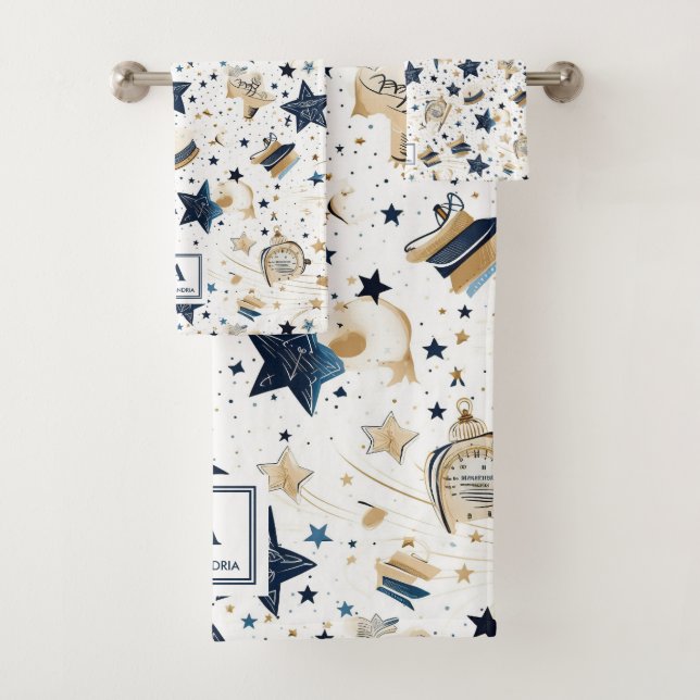 Personalized Elegant Blue & Gold Stars Pattern (6) Bath Towel Set (Insitu)