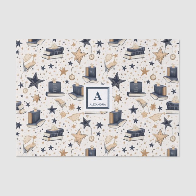 Personalized Elegant Blue & Gold Stars Pattern (7) Tissue Paper (Front)