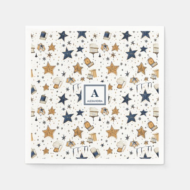 Personalized Elegant Blue & Gold Stars Pattern (9) Napkin (Front)