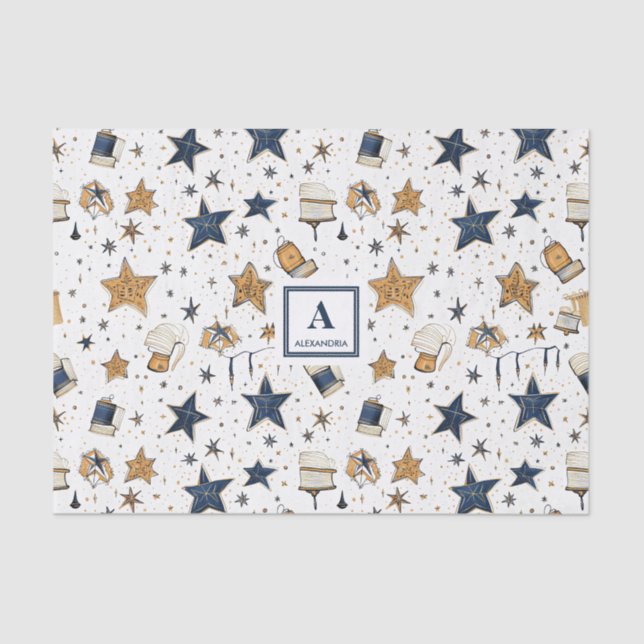 Personalized Elegant Blue & Gold Stars Pattern (9) Tissue Paper (Front)