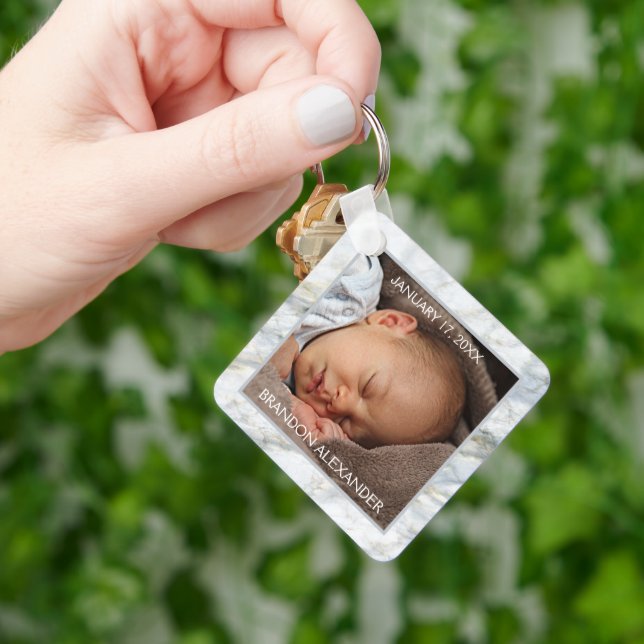 Personalized Elegant Blue Grey Marble Keepsake Keychain (Hand)