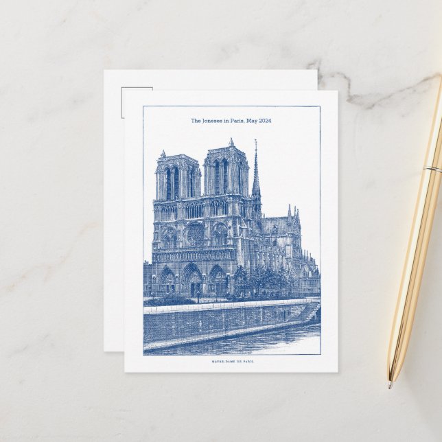Personalized Elegant Blue Retro Notre Dame  Postcard (Front/Back In Situ)
