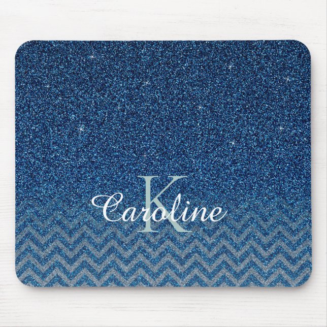Personalized Elegant Blue Sparkle Glitter Monogram Mouse Pad (Front)