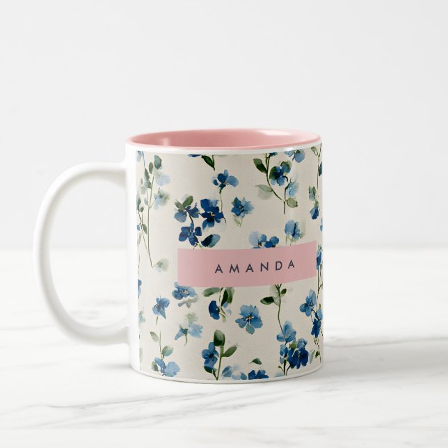 Personalized Elegant Blue Wildflower Design  Two-Tone Coffee Mug (Left)