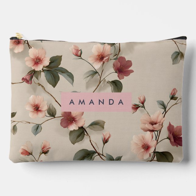 Personalized Elegant Blush Floral Vine Style Accessory Pouch (Front)