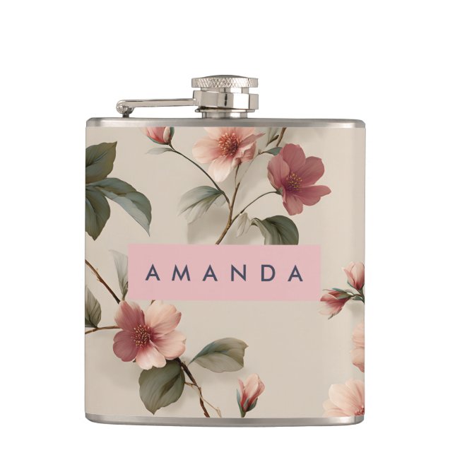 Personalized Elegant Blush Floral Vine Style Hip Flask (Front)