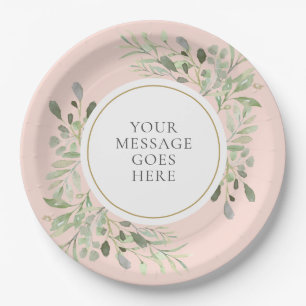 Personalized Elegant Blush Pink Gold Greenery Paper Plate