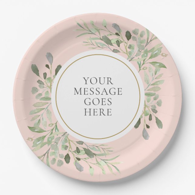 Personalized Elegant Blush Pink Gold Greenery Paper Plate (Front)