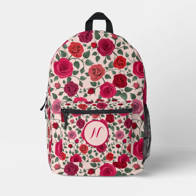 Personalized Elegant  Boho Red Floral Wildflower Printed Backpack (Front)