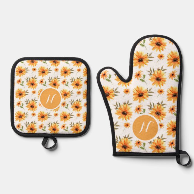 Personalized Elegant Boho Sunflower Wildflower Oven Mitt & Pot Holder Set (Front)