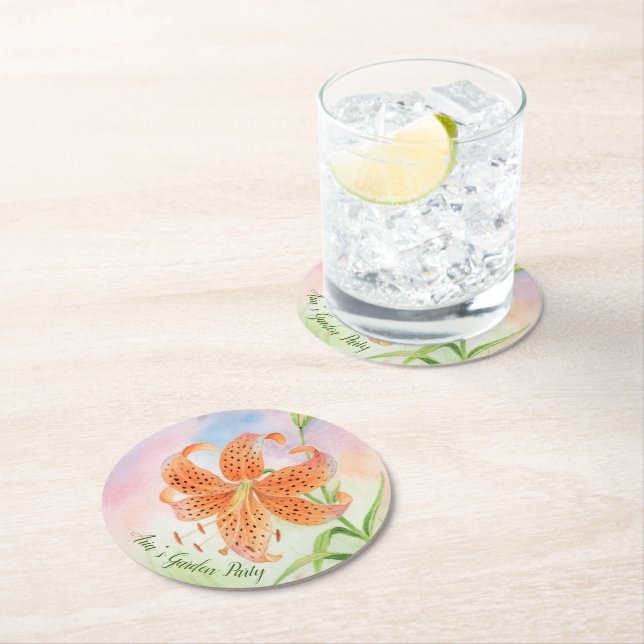 Personalized Elegant Botanical Tiger Lily Round Paper Coaster (Insitu)
