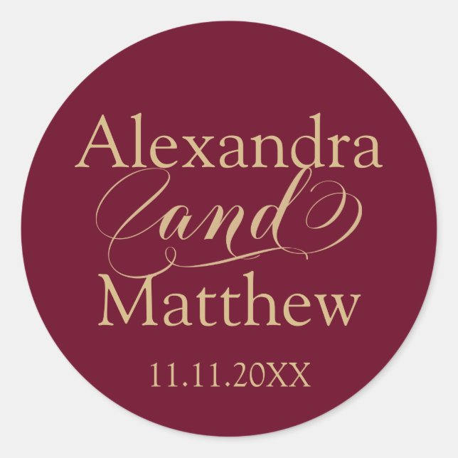 Personalized Elegant Burgundy Gold Wedding Classic Round Sticker (Front)