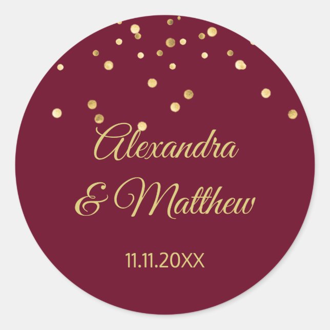 Personalized Elegant Burgundy Gold Wedding Classic Round Sticker (Front)