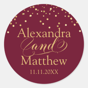 Personalized Elegant Burgundy Gold Wedding Classic Round Sticker