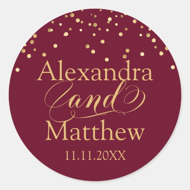 Personalized Elegant Burgundy Gold Wedding Classic Round Sticker (Front)