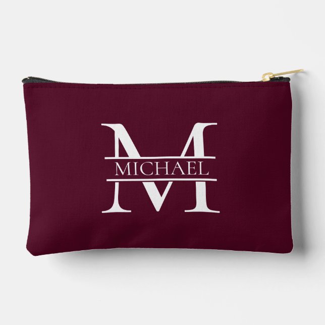 Personalized Elegant Burgundy Monogram and Name Accessory Pouch (Back)
