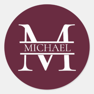 Personalized Elegant Burgundy Monogram and Name Classic Round Sticker