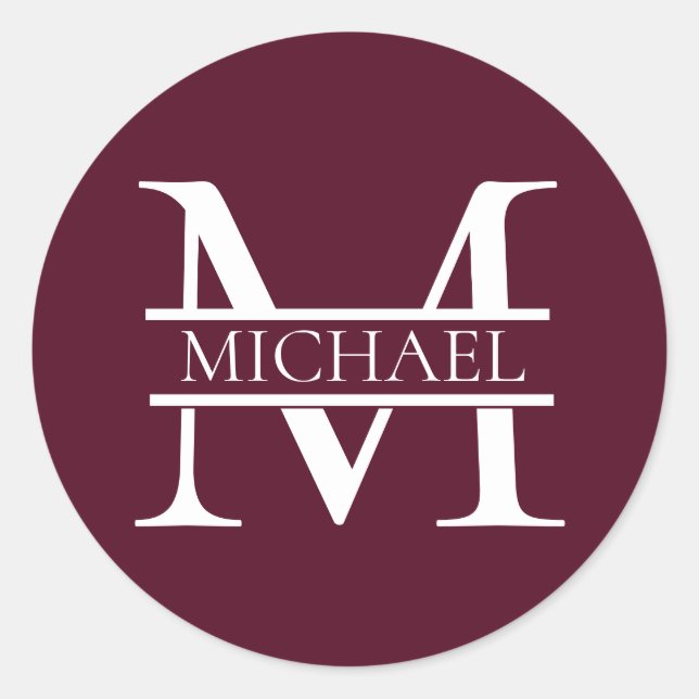 Personalized Elegant Burgundy Monogram and Name Classic Round Sticker (Front)