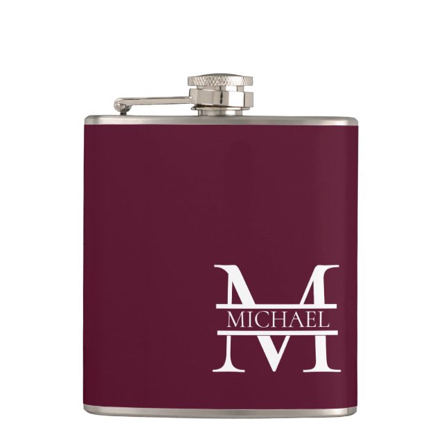 Personalized Elegant Burgundy Monogram and Name Hip Flask (Front)