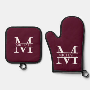 Personalized Elegant Burgundy Monogram and Name Oven Mitt & Pot Holder Set