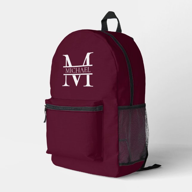 Personalized Elegant Burgundy Monogram and Name Printed Backpack (Back Corner Right)