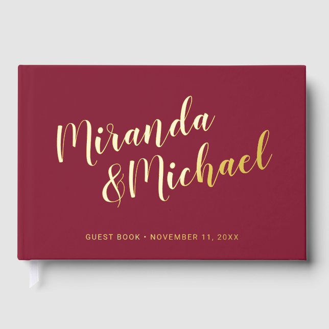 Personalized Elegant Burgundy Red and Gold Wedding Guest Book (Front)