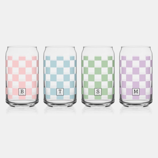 Personalized Elegant Check Patten Four Colours Can Glass (Front)