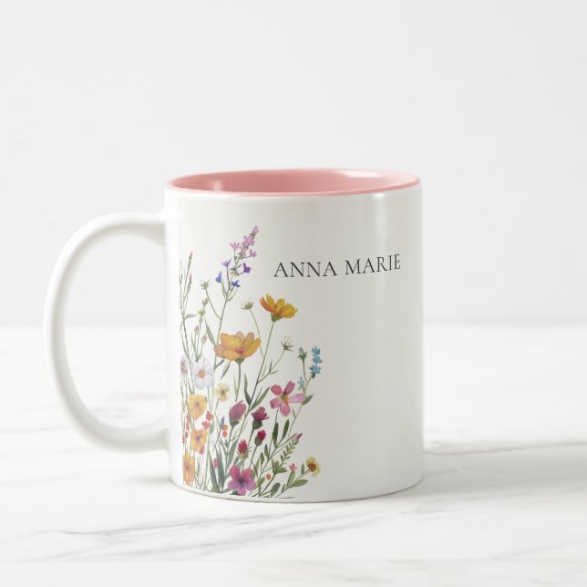  Personalized Elegant Chic Floral Two-Tone Coffee Mug (Left)