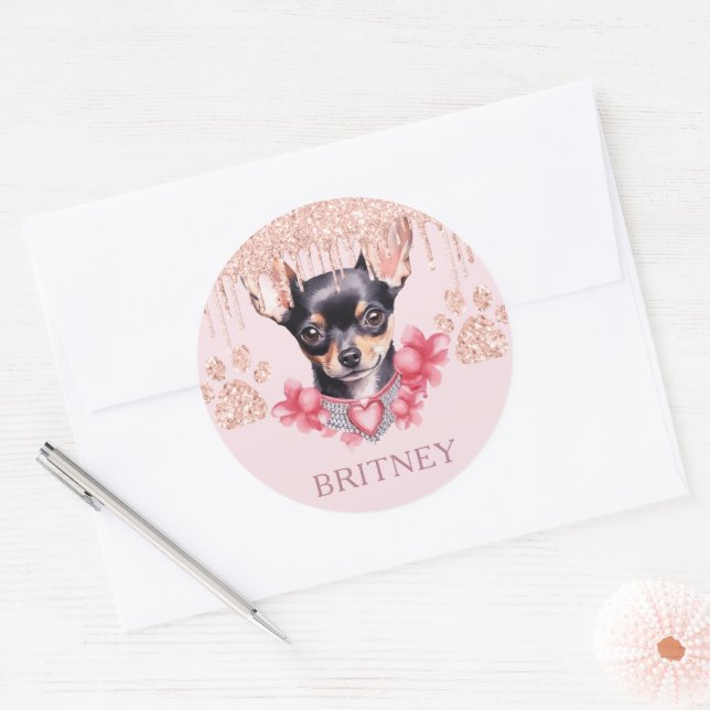 Personalized Elegant chihuahua Dog with Glitter  Classic Round Sticker (Envelope)