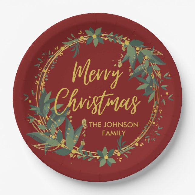 Personalized Elegant Christmas Wreath Paper Plates (Front)