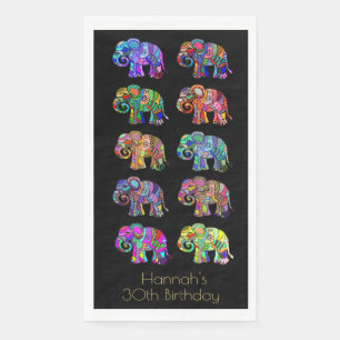 Personalized Elegant Colourful Elephants on Black Napkin