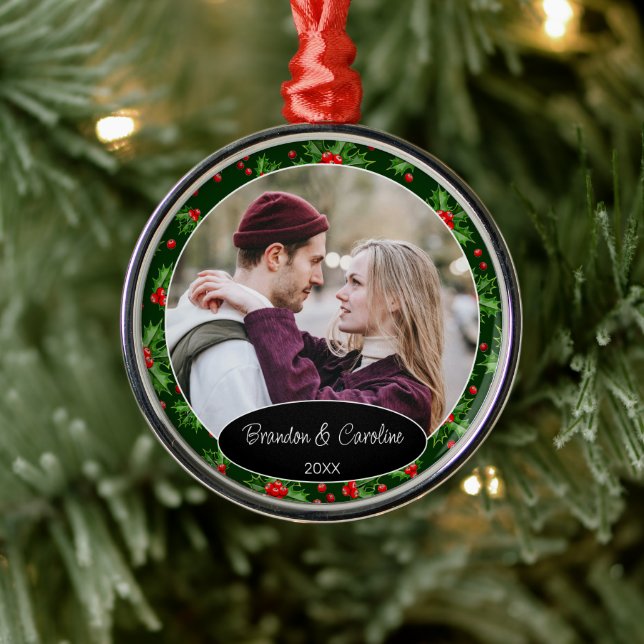 Personalized Elegant Couple Photo 1st Christmas Metal Ornament (Tree)