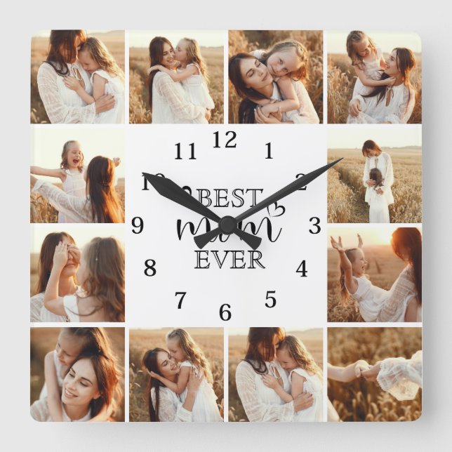 Personalized Elegant Cute Family 12 Photo Collage Square Wall Clock (Front)