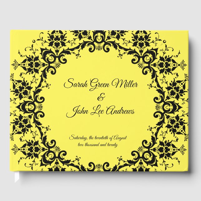 Personalized Elegant Damask Floral Yellow Wedding  Guest Book (Front)