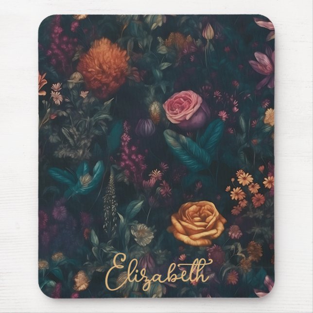 Personalized Elegant Dark Gothic Floral Rose Mouse Pad (Front)