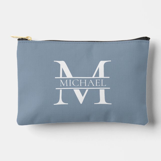 Personalized Elegant Dusty Blue Monogram and Name Accessory Pouch (Front)