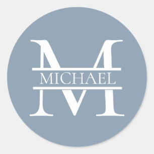 Personalized Elegant Dusty Blue Monogram and Name Classic Round Sticker