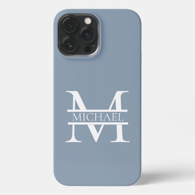 Personalized Elegant Dusty Blue Monogram and Name iPhone Case (Back)