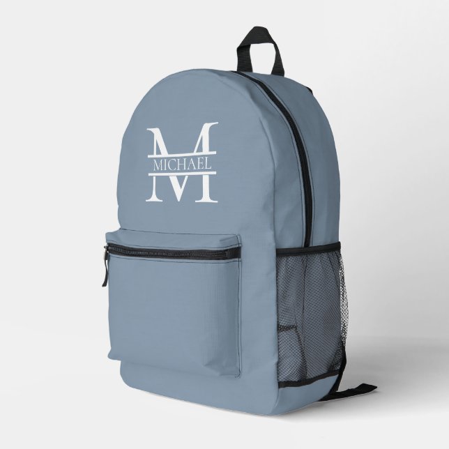 Personalized Elegant Dusty Blue Monogram and Name Printed Backpack (Back Corner Right)