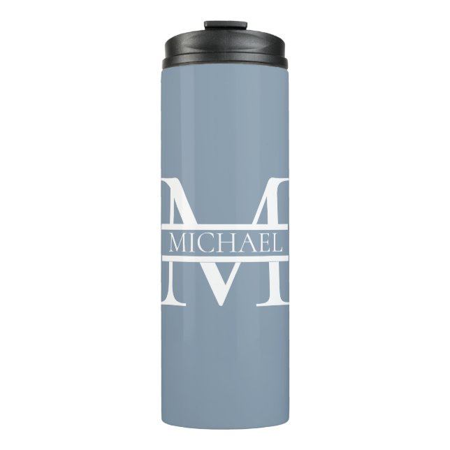 Personalized Elegant Dusty Blue Monogram and Name Thermal Tumbler (Front)