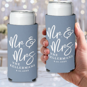 Personalized Elegant Dusty Blue Wedding Seltzer Can Cooler