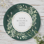 Personalized Elegant Emerald Gold Greenery Paper Plate<br><div class="desc">Featuring delicate soft watercolor leaves on n emerald green background,  this chic botanical paper plate can be personalized with your special message set in elegant text. Perfect for weddings,  bridal showers,  baby showers,  baptism,  engagement parties,  anniversary celebrations,  and birthday get-togethers. Designed by Thisisnotme©</div>