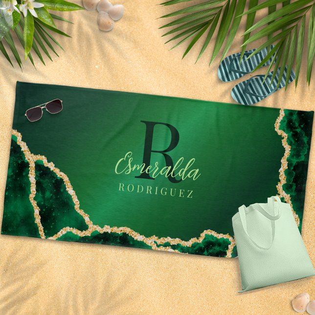 Personalized Elegant Emerald Green and Gold Agate Beach Towel (Creator Uploaded)