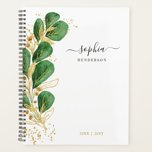 Personalized Elegant Emerald Green Gold Eucalyptus Planner (Front)