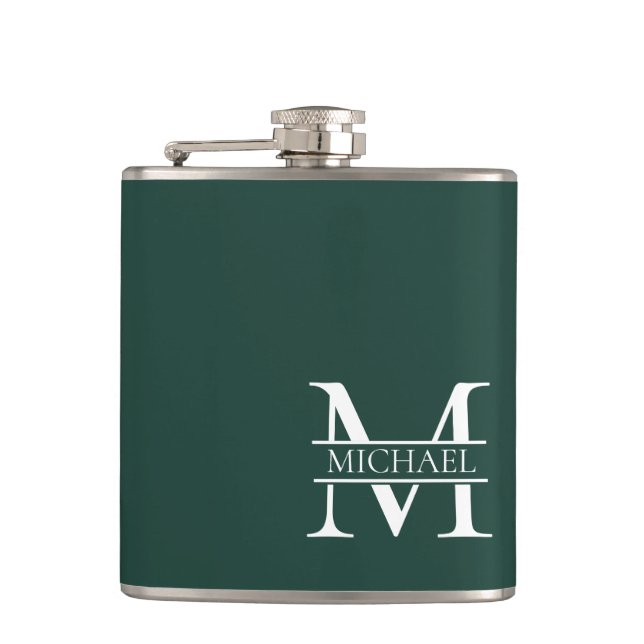 Personalized Elegant Emerald Green Monogram & Name Hip Flask (Front)