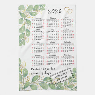 Personalized Elegant Eucalyptus 2026 Calendar Kitchen Towel