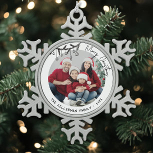 Personalized Elegant Family Photo Snowflake Pewter Christmas Ornament