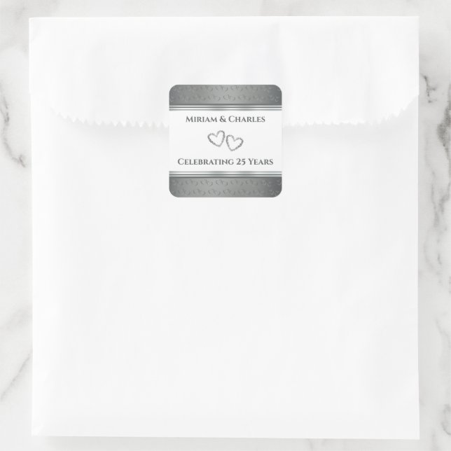 Personalized Elegant Fancy Silver 25th Anniversary Square Sticker (Bag)