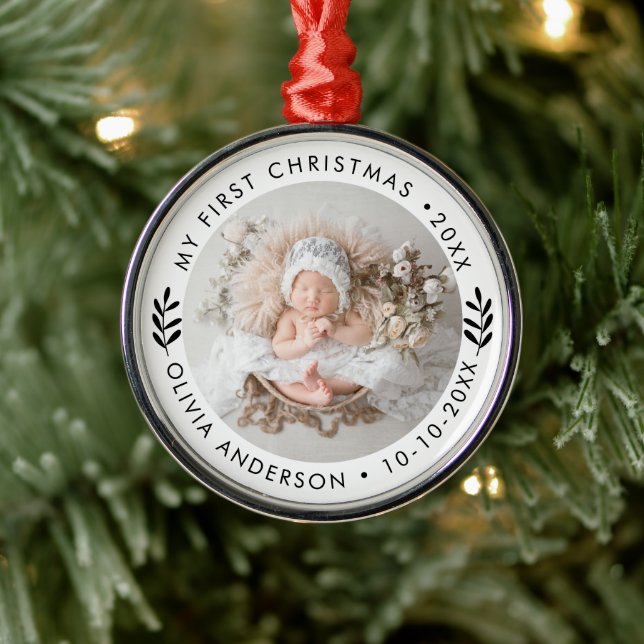 Personalized Elegant First Christmas Baby's Photo Metal Ornament (Tree)