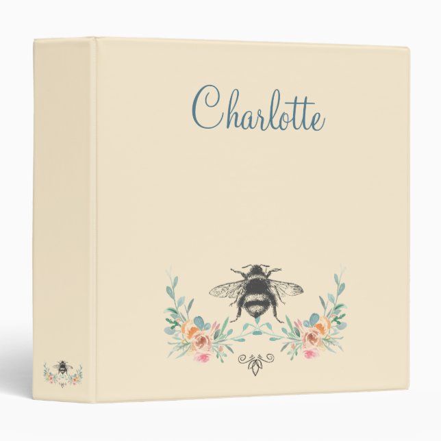 Personalized Elegant Floral Bee Spiral Notebook Binder (Front/Spine)